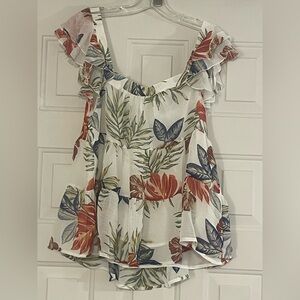 Tropical Leaf Print Ruffle Blouse